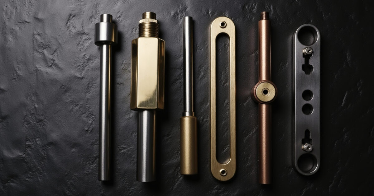 Barras e peças usinadas em diferentes metais — alumínio, aço inox, latão e bronze — sobre superfície industrial