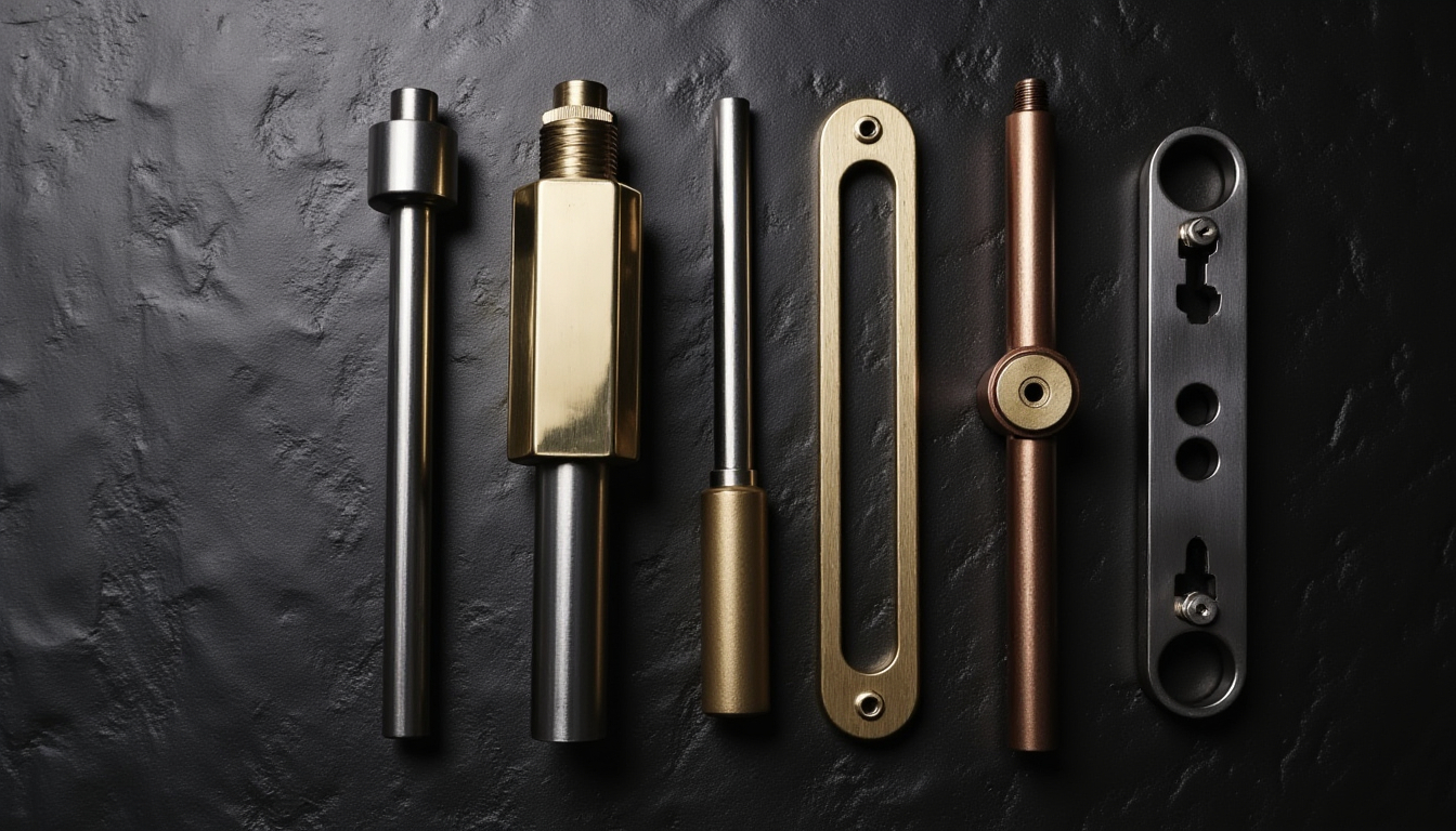 Barras e peças usinadas em diferentes metais — alumínio, aço inox, latão e bronze — sobre superfície industrial