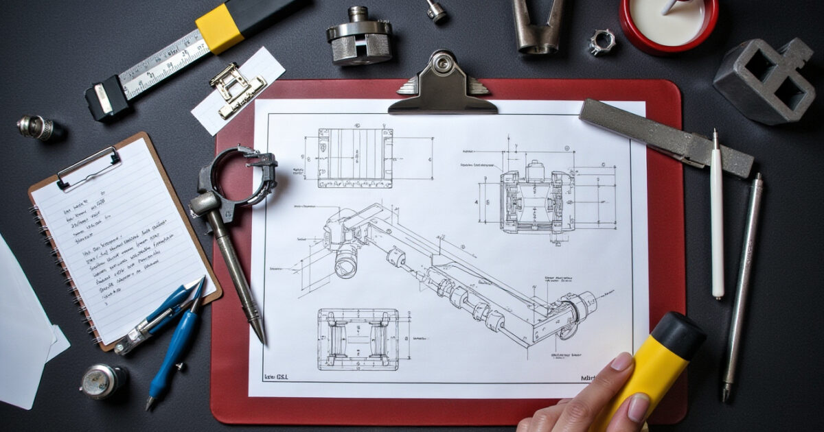 Engenheiro analisando desenho técnico para pedido de orçamento de usinagem de precisão